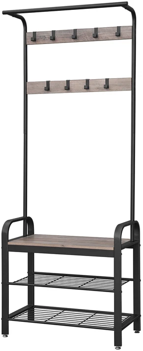 Koduva Drabužių kabykla su suoliuku, 72 x 33,7 x 183 cm, medžio drožlių plokštė ir plienas, pilkai ruda-juoda