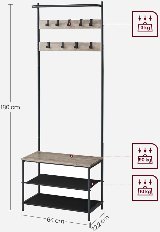 Koduva Drabužių kabykla su suoliuku, 9 kabliais, 32,2 x 64 x 180 cm, pilkai rusva-juoda