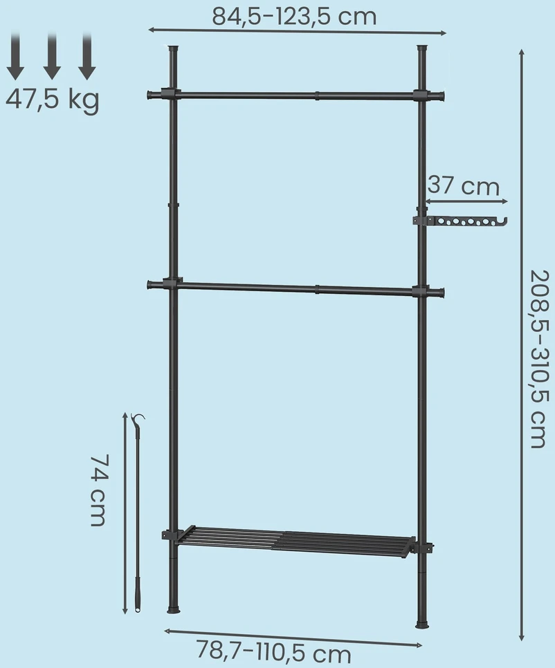 Koduva Drabužių stovas, 3 pakopų, reguliuojamo aukščio ir pločio, 33,5 x 84–123 x 220–300 cm, juodas