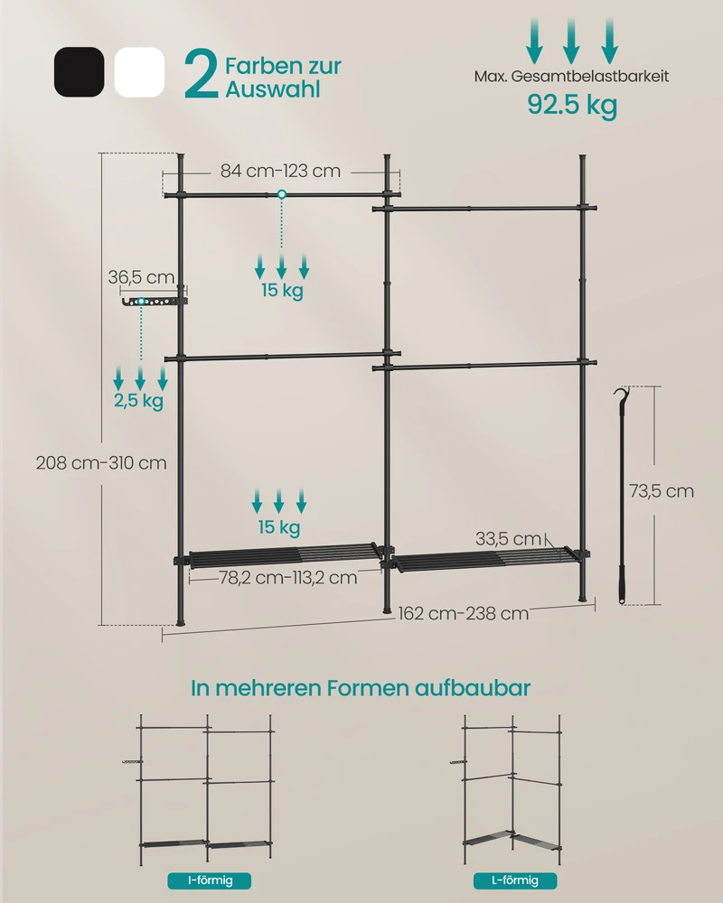 Koduva Drabužių stovas, reguliuojamo pločio ir aukščio, 33,5 x 162–238 x 208–310 cm, matinis juodas