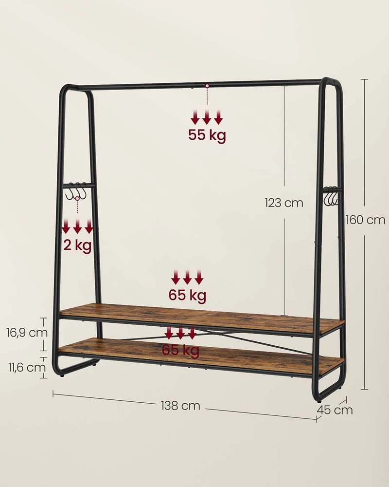 Koduva Drabužių stovas su 2 lentynomis ir 6 kabliukais, 45 x 138 x 160 cm, rudas-juodas