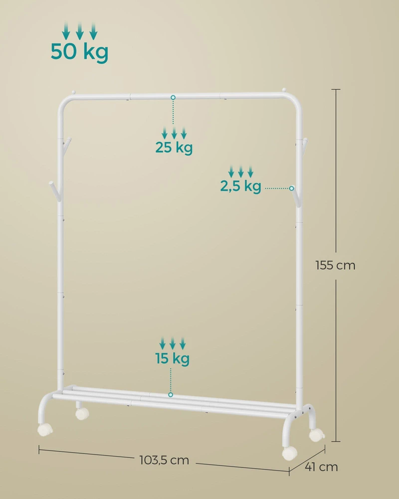 Koduva Drabužių stovas su ratukais, 103,5 cm pločio, legiruotas plienas, baltas, 41 x 103,5 x 155 cm