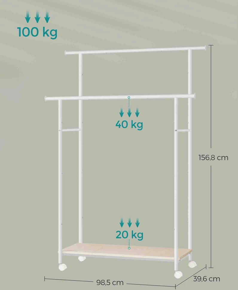 Koduva Drabužių stovas su ratukais, 2 skersiniai ir lentyna, plienas, 39,6 x 98,5 x 156,8 cm