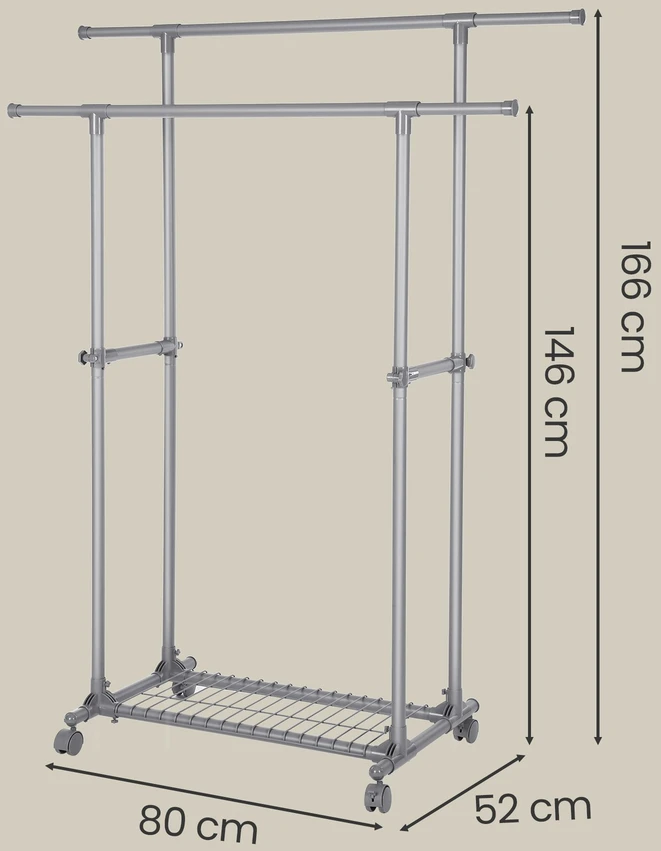 Koduva Drabužių stovas su ratukais, ištraukiamas, dvigubas, pilkas, 87-150 x 52 x 166 cm, iki 70 kg
