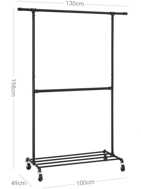 Koduva Drabužių stovas su ratukais, metalinis, juodas, 130 x 49 x 198 cm, 2 skersiniai