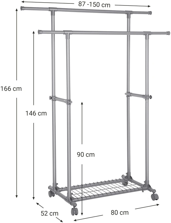 Koduva Drabužių stovas su ratukais, pilkas, dvigubas, ištraukiamas 87-150 x 52 x 166 cm, iki 70 kg