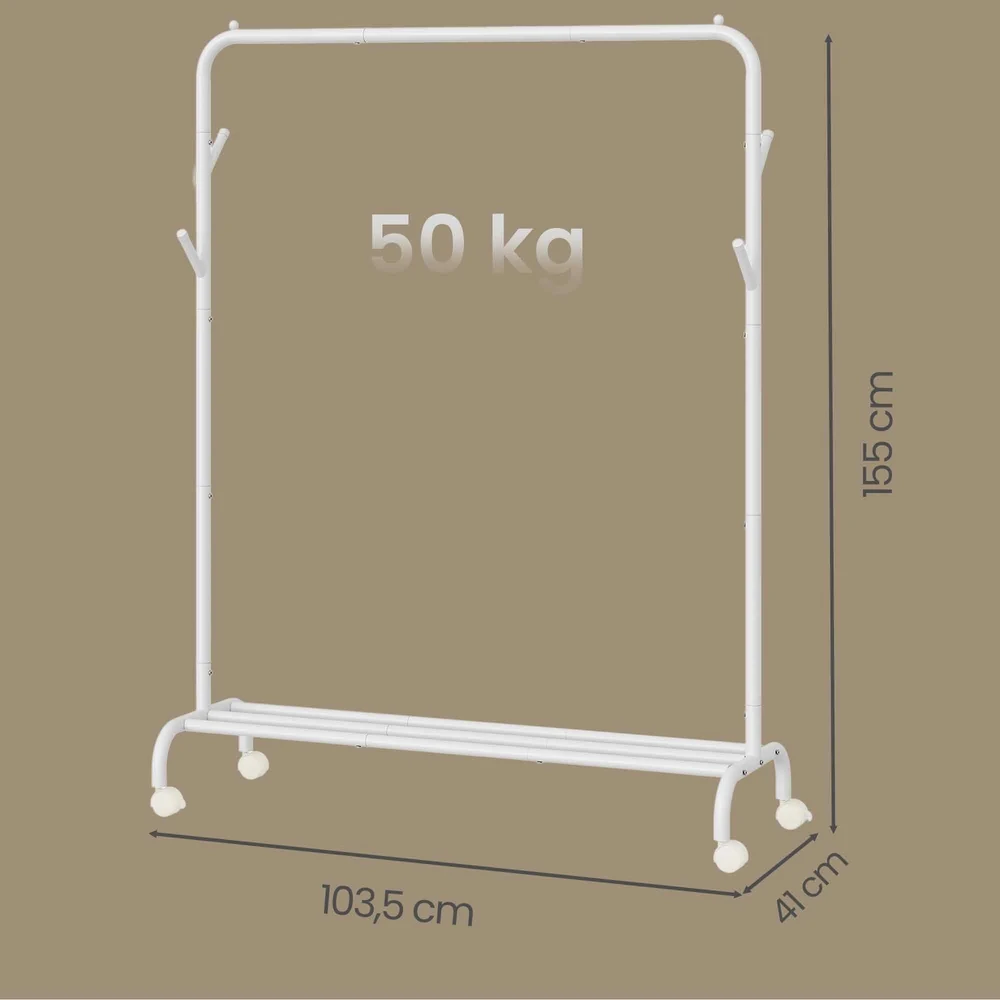 Koduva Drabužių stovas su ratukais, plieno, baltas, 41 x 103,5 x 155 cm, apkrova iki 50 kg