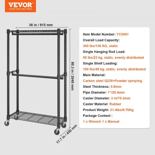VEVOR Drabužių stovas YC0001, su dvigubais kabinimo strypais, 915 x 450 x 2040 mm