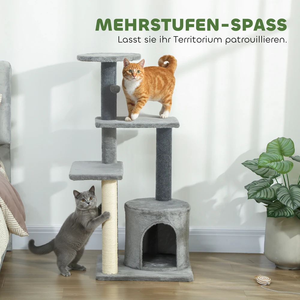 Aosom Draskyklė katėms 103 cm, su kačių nameliu, platformomis, sizalio stulpais, pilka