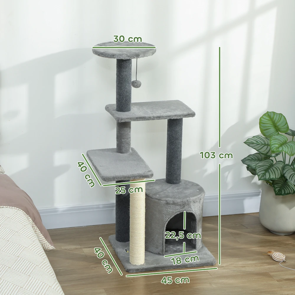 Aosom Draskyklė katėms 103 cm, su kačių nameliu, platformomis, sizalio stulpais, pilka