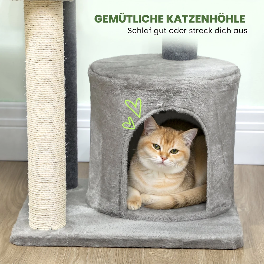Aosom Draskyklė katėms 103 cm, su kačių nameliu, platformomis, sizalio stulpais, pilka