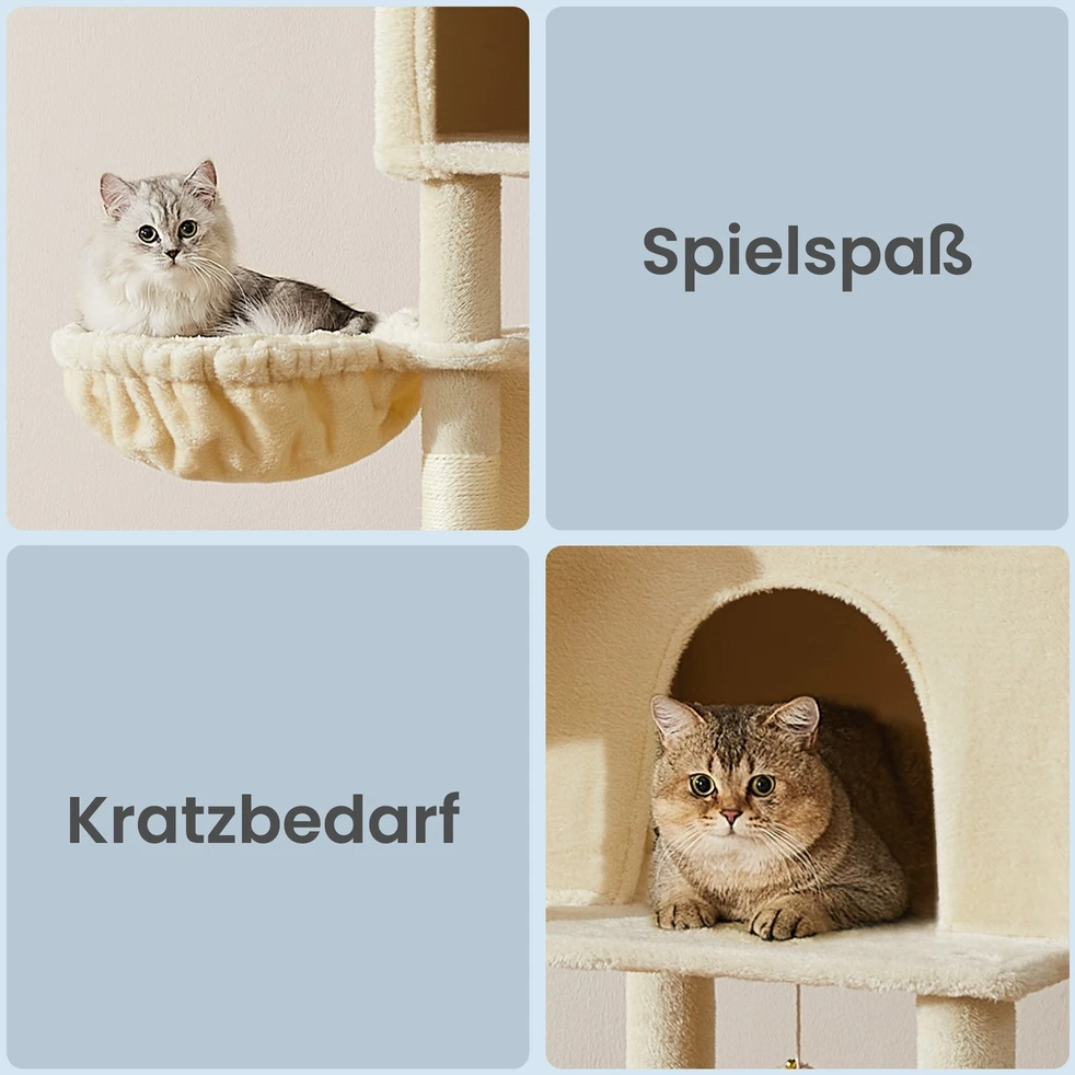 Songmics Draskyklė katėms, 190 cm, su 2 urveliais, 2 guoliais, 5 draskymo stulpais, smėlio spalvos