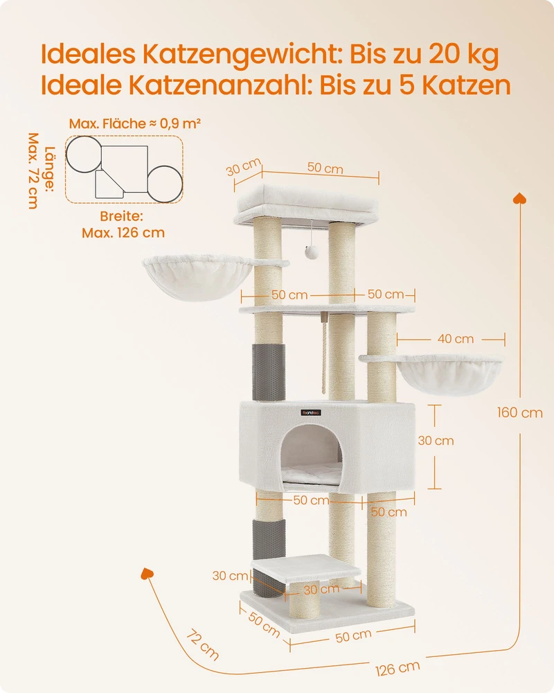 Songmics Draskyklė katėms su platformomis ir urvu, 50 x 50 x 160 cm, kreminės baltos ir smėlio spalvos