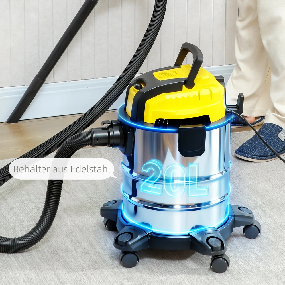 Aosom Drėgno ir sauso valymo siurblys su ratukais, 1200 W, 20 l, sidabrinės, juodos ir geltonos spalvos
