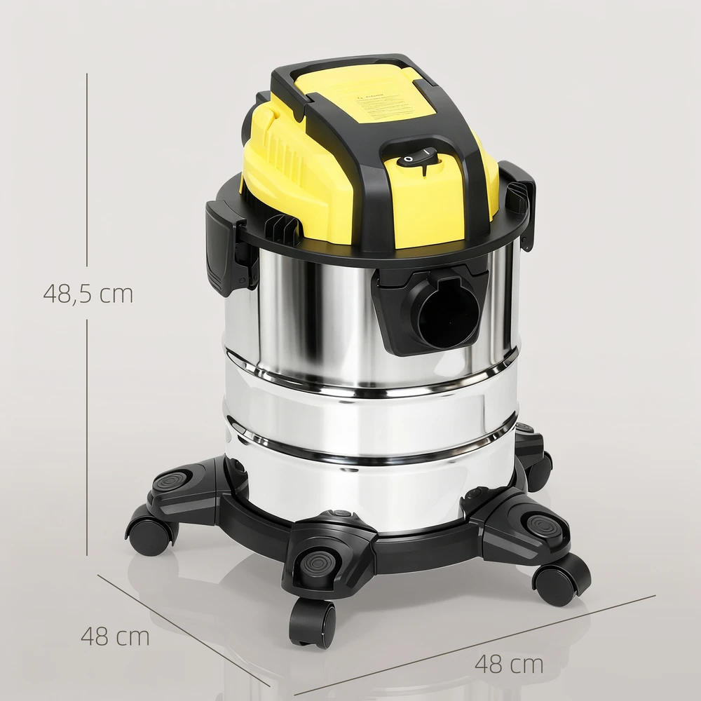 Aosom Drėgno ir sauso valymo siurblys su ratukais, 1200 W, 20 l, sidabrinės, juodos ir geltonos spalvos