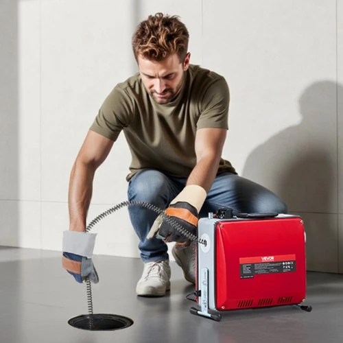 VEVOR Drenažo valymo mašina GQ-100A, 390 W, 1400 RPM, raudona / sidabrinė, su 24,5 m spyruokliniais kabeliais, vamzdžiams 50-110 mm