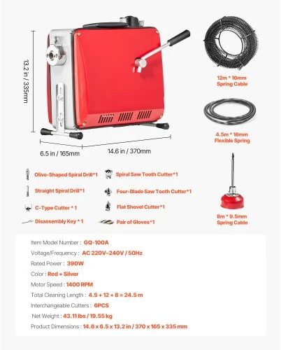 VEVOR Drenažo valymo mašina GQ-100A, 390 W, 1400 RPM, raudona / sidabrinė, su 24,5 m spyruokliniais kabeliais, vamzdžiams 50-110 mm