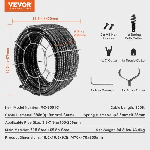 VEVOR Drenažo valymo trosas RC-9001C, 30 m x 19 mm, su 4 pjovikliais, vamzdžiams 100-200 mm