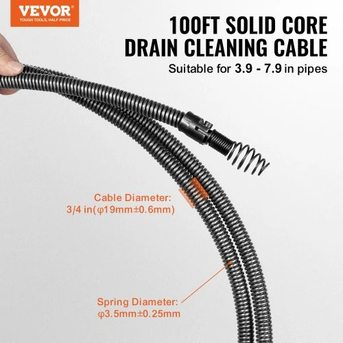 VEVOR Drenažo valymo trosas RC-9001C, 30 m x 19 mm, su 4 pjovikliais, vamzdžiams 100-200 mm