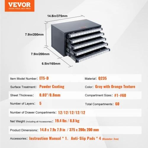 Koduva Drill organizer cabinet VEVOR ET5-D, pilkas su oranžine tekstūra, 41 x 26 x 26 cm