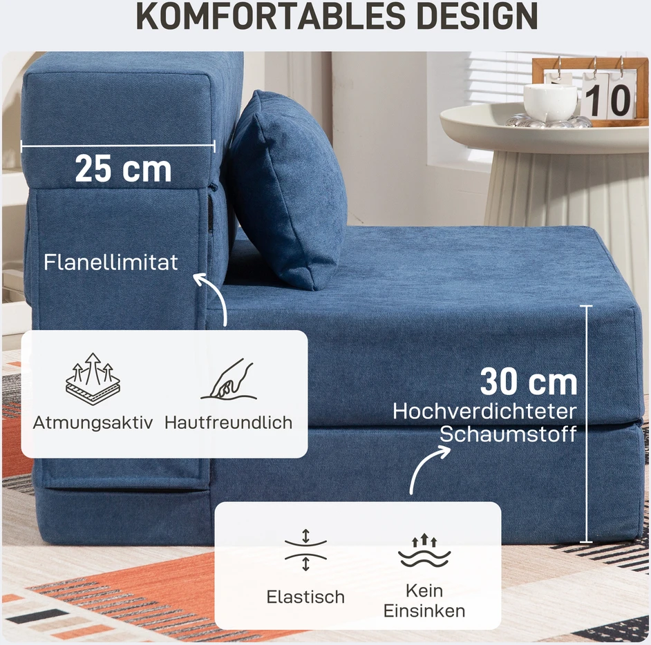 Fotelis Aosom Dugno sofa-lova, tamsiai mėlyna, 210 x 80 x 15 cm