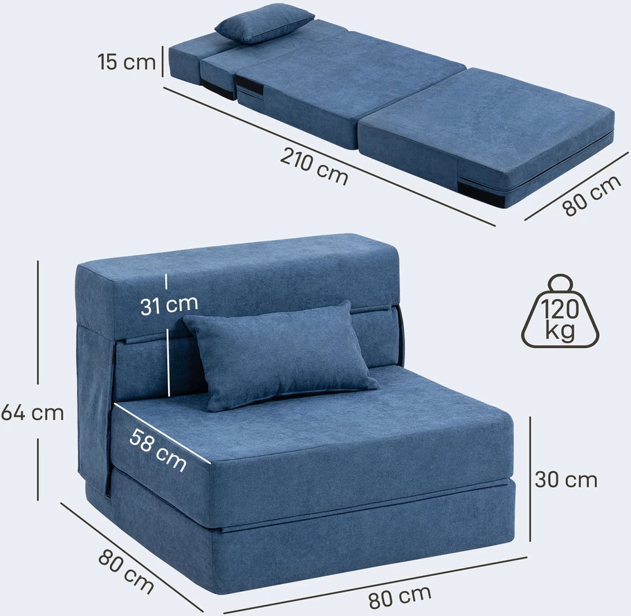 Fotelis Aosom Dugno sofa-lova, tamsiai mėlyna, 210 x 80 x 15 cm