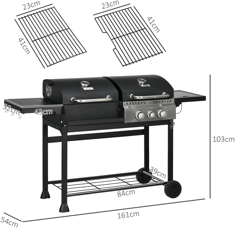 Aosom Dujinė kepsninė BBQ grilis, su termometru, šilumos palaikymo plokštėmis, 161 x 54 x 103 cm, juoda + sidabrinė