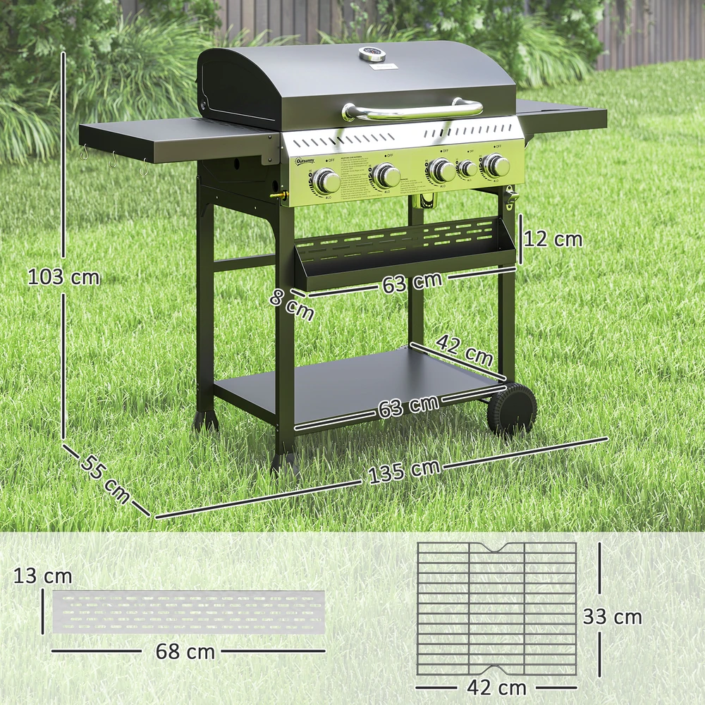 Aosom Dujinis grilis, BBQ grilis, 4 pagrindiniai degikliai, 1 šoninis degiklis, 1 šildymo plokštė, 135 x 55 x 103 cm, juodas