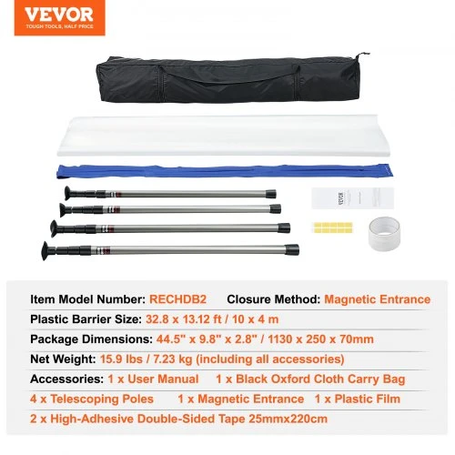 VEVOR Dulkių barjero sistema, 4 teleskopiniai stulpai, iki 366 cm, plėvelė 10 x 4 m