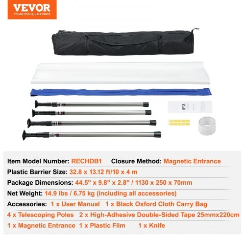 VEVOR Dulkių barjero sistema su 4 teleskopiniais stulpais, iki 305 cm, 1000 x 400 cm plėvelė