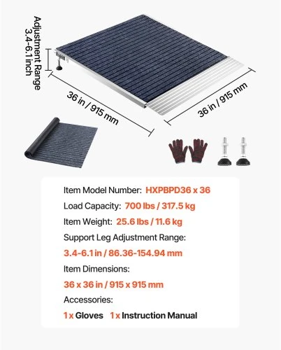 VEVOR Durų slenksčio rampa, aliuminė, 915 x 915 mm, reguliuojamo aukščio, iki 317,5kg