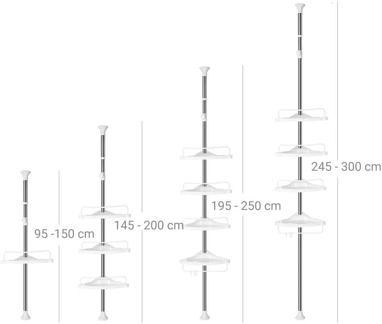 Songmics Dušo kampinė lentyna, reguliuojamo aukščio 95-300 cm, 4 lentynos, 3 kabliukai, baltos-sidabrinės