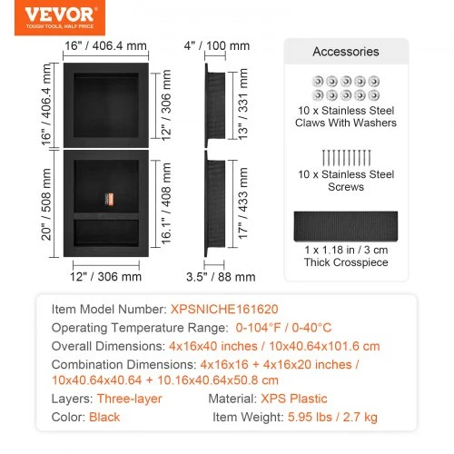 VEVOR Dušo niša, triguba lentyna, XPS plastikas, juoda, 10 x 41 x 102 cm