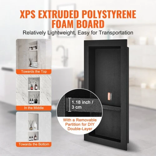 VEVOR Dušo niša, XPS plastikas, juoda, 41 x 81 cm, 2 lentynos