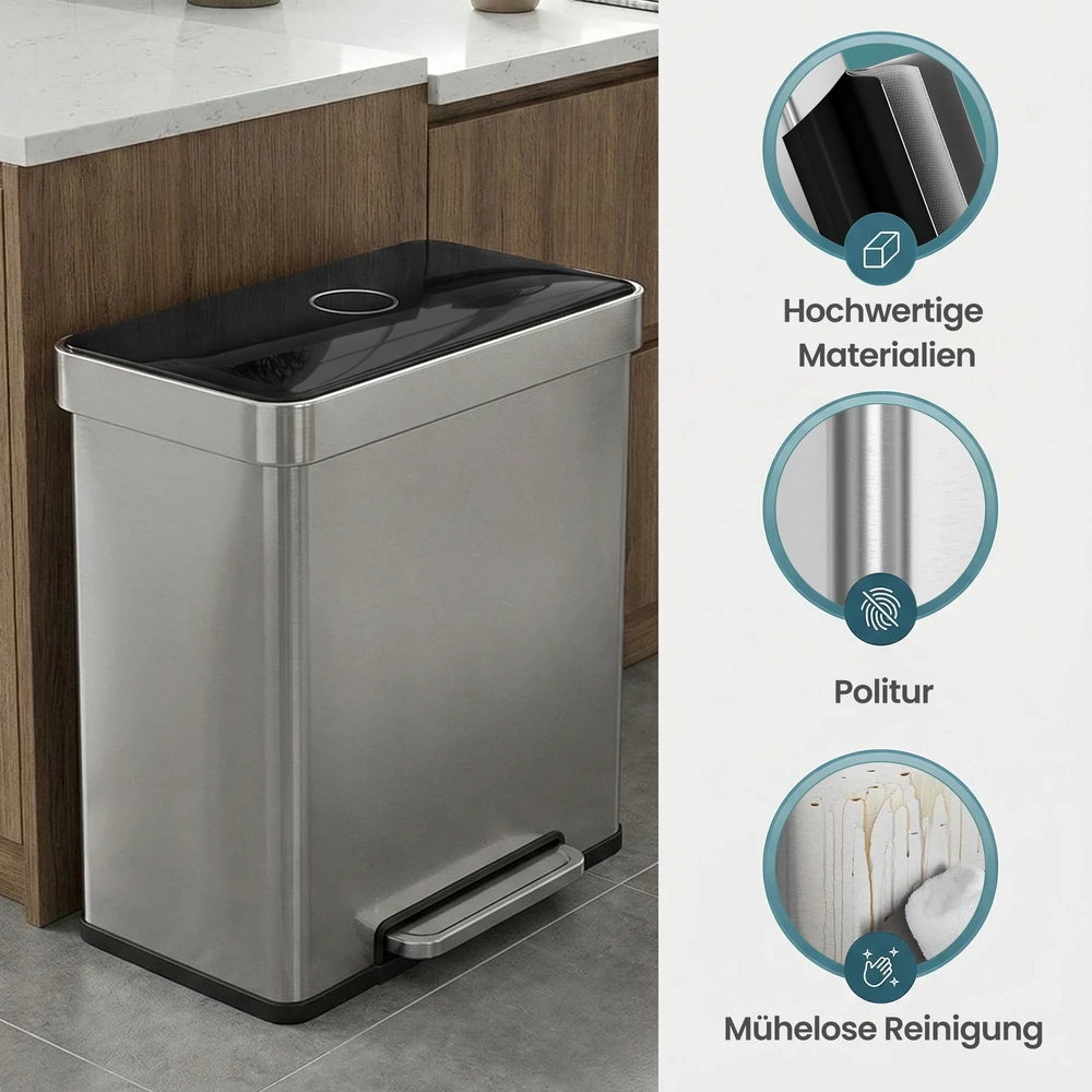 Koduva Dviejų skyrių virtuvinė šiukšliadėžė, nerūdijantis plienas, 2 x 30 l, sidabrinė