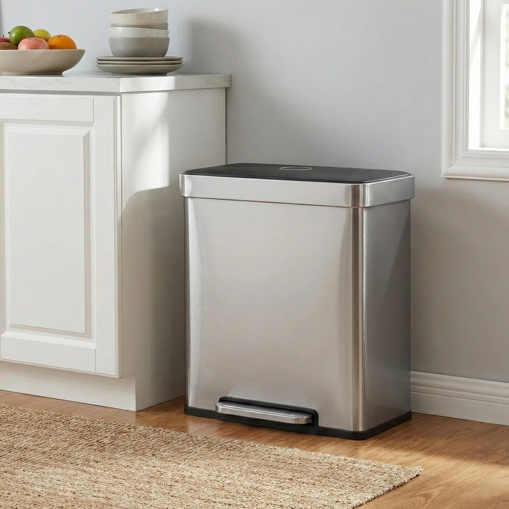Koduva Dviejų skyrių virtuvinė šiukšliadėžė, nerūdijantis plienas, 2 x 30 l, sidabrinė