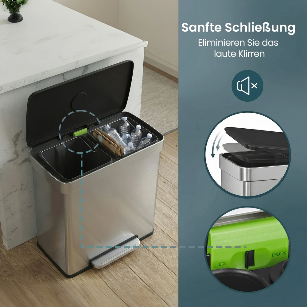 Koduva Dviejų skyrių virtuvinė šiukšliadėžė, nerūdijantis plienas, 2 x 30 l, sidabrinė
