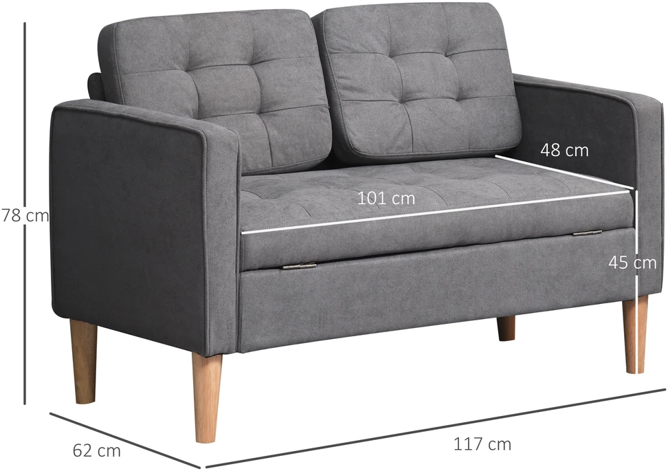 Aosom Dviejų vietų sofa su daiktadėže, 117 x 62 x 78 cm, pilka