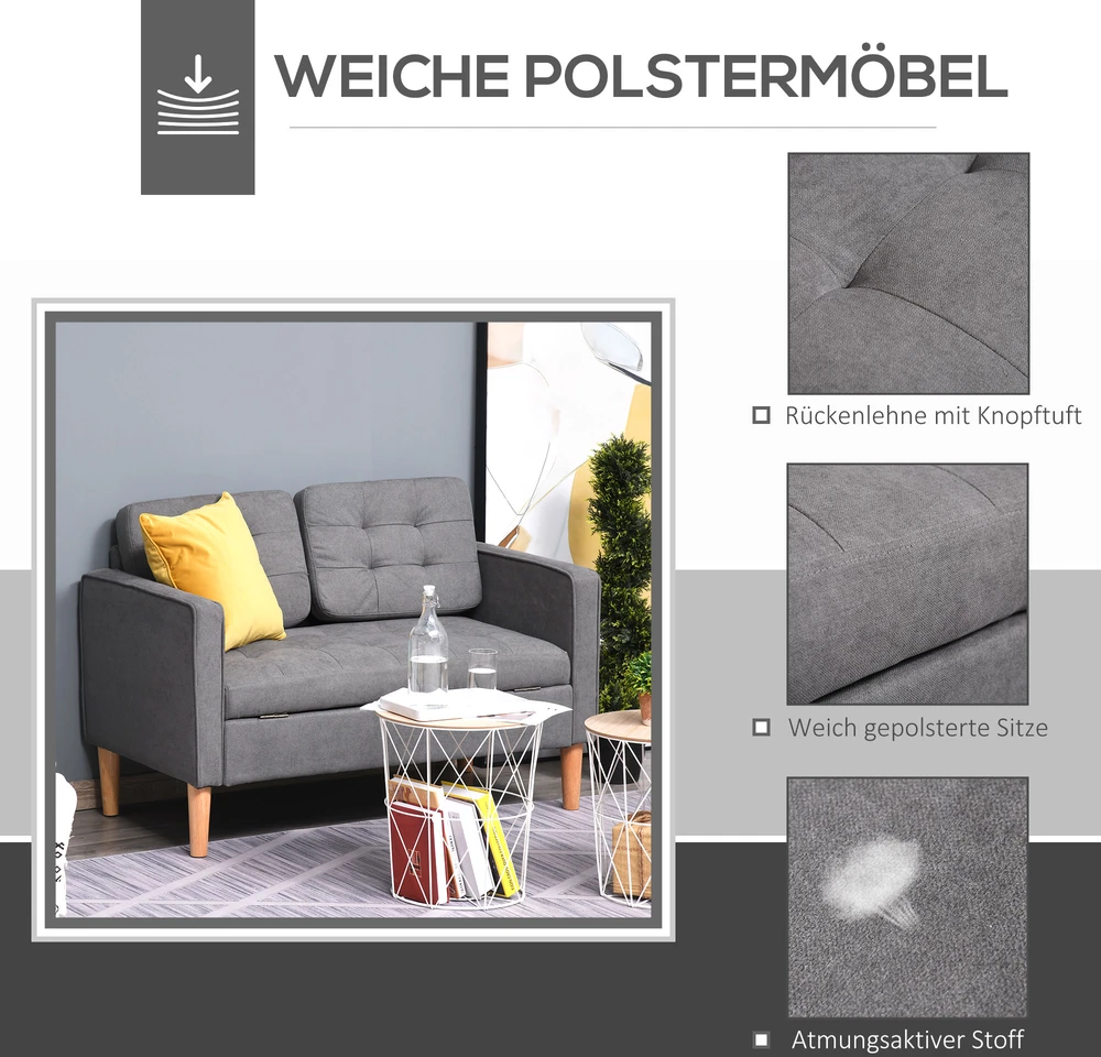 Aosom Dviejų vietų sofa su daiktadėže, 117 x 62 x 78 cm, pilka