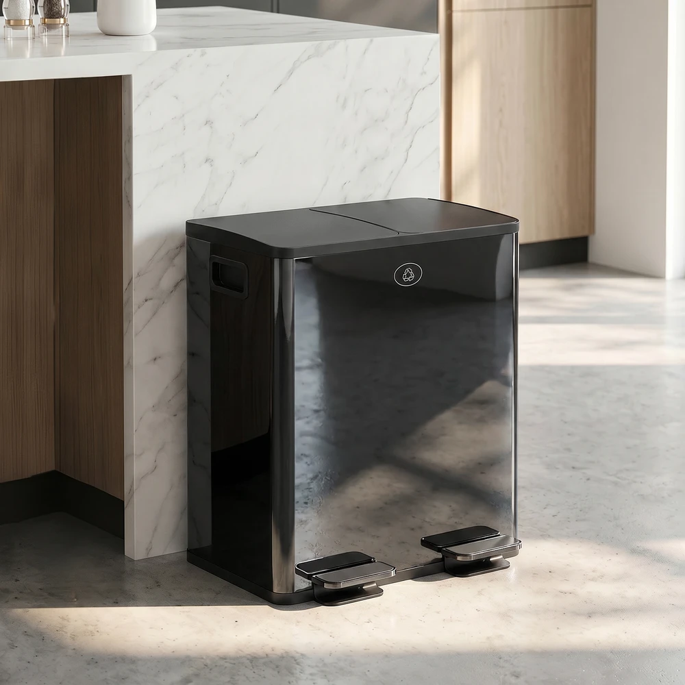 Aosom Dviguba pedalinė šiukšliadėžė, 2 x 20 l, juoda, nerūdijantis plienas, plastikas