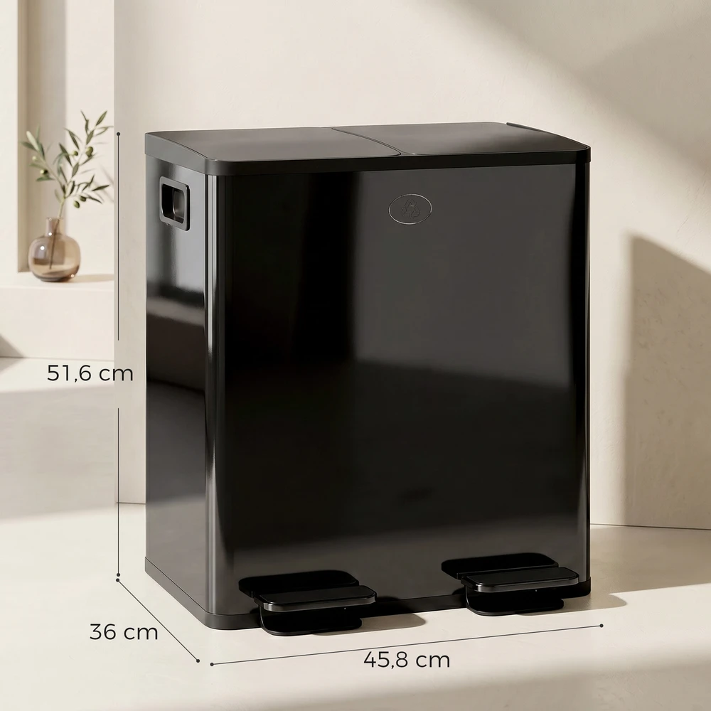 Aosom Dviguba pedalinė šiukšliadėžė, 2 x 20 l, juoda, nerūdijantis plienas, plastikas