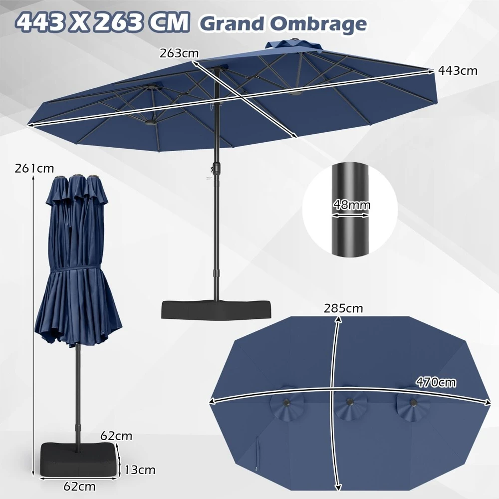 Promotion Dvigubas lauko skėtis su stovu ir rankenėle, UPF 50+, tamsiai mėlynas, 470 x 285 x 261 cm
