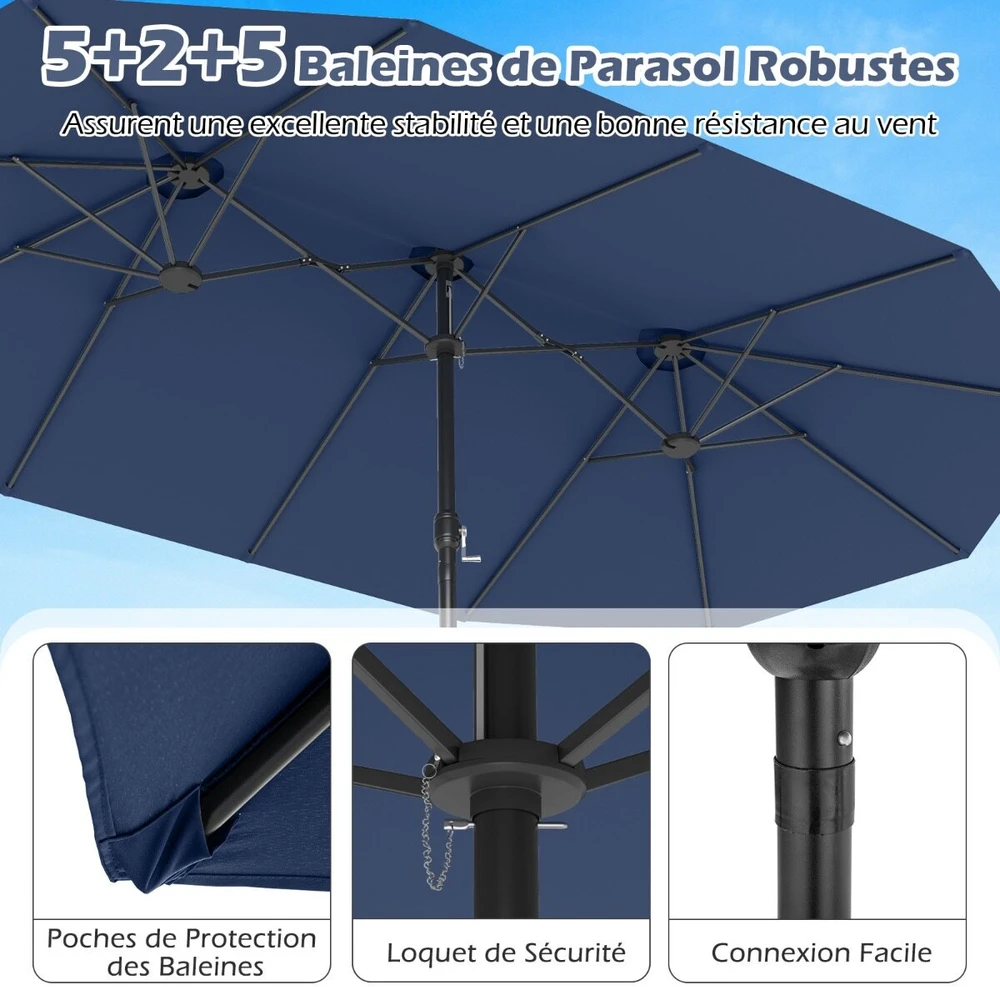Promotion Dvigubas lauko skėtis su stovu ir rankenėle, UPF 50+, tamsiai mėlynas, 470 x 285 x 261 cm