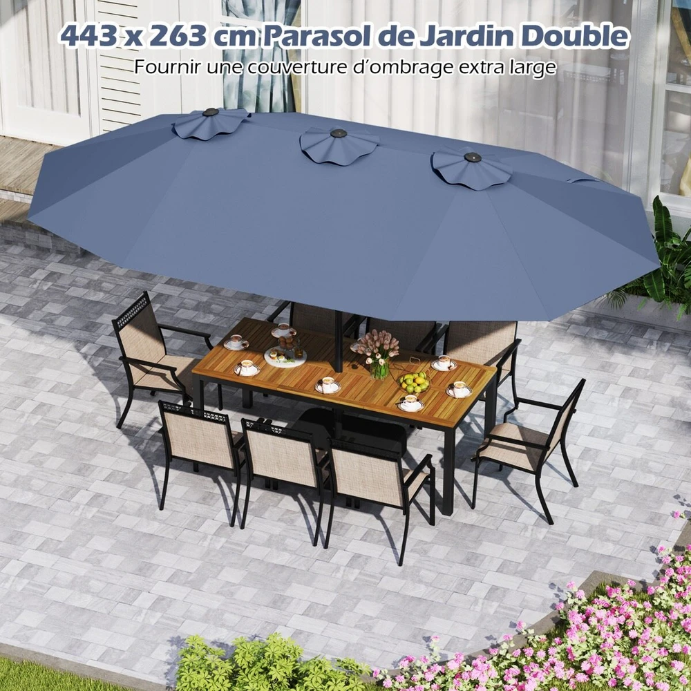 Promotion Dvigubas lauko skėtis su stovu ir rankenėle, UPF 50+, tamsiai mėlynas, 470 x 285 x 261 cm