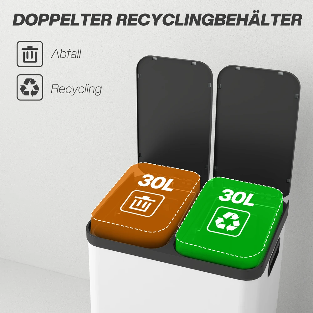 Aosom Dvigubas šiukšliadėžė, 2 x 30 l, balta, metalas / plastikas