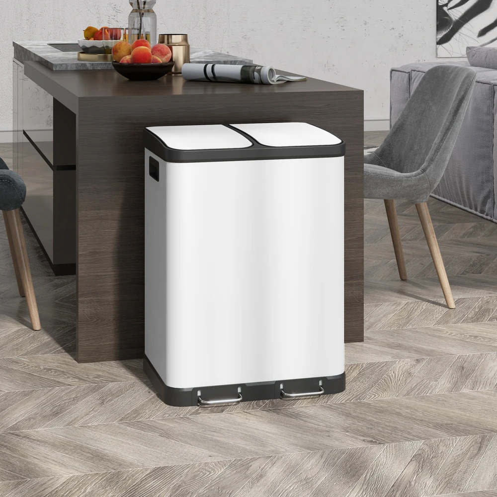 Aosom Dvigubas šiukšliadėžė, 2 x 30 l, balta, metalas / plastikas