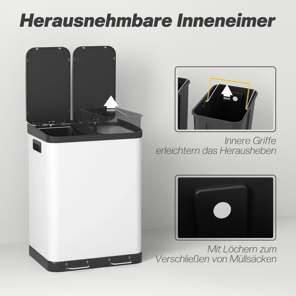 Aosom Dvigubas šiukšliadėžė, 2 x 30 l, balta, metalas / plastikas