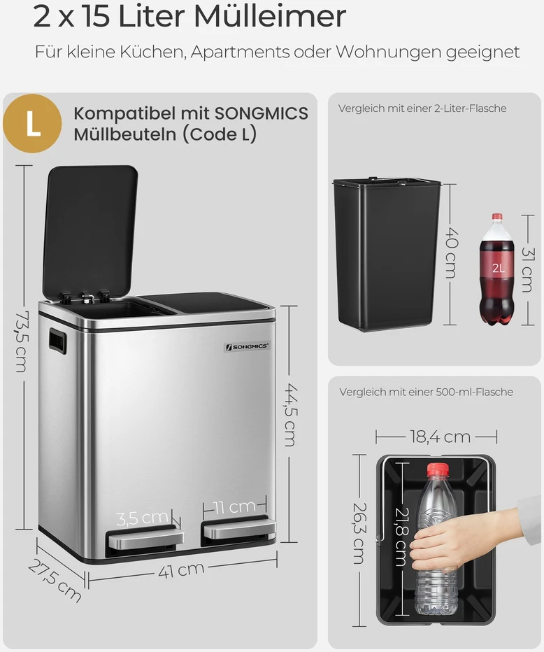 Koduva Dvigubas šiukšlių rūšiavimo kibiras su pedalu, 30 l, 2 x 15 l, nerūdijantis plienas, sidabrinis-juodas