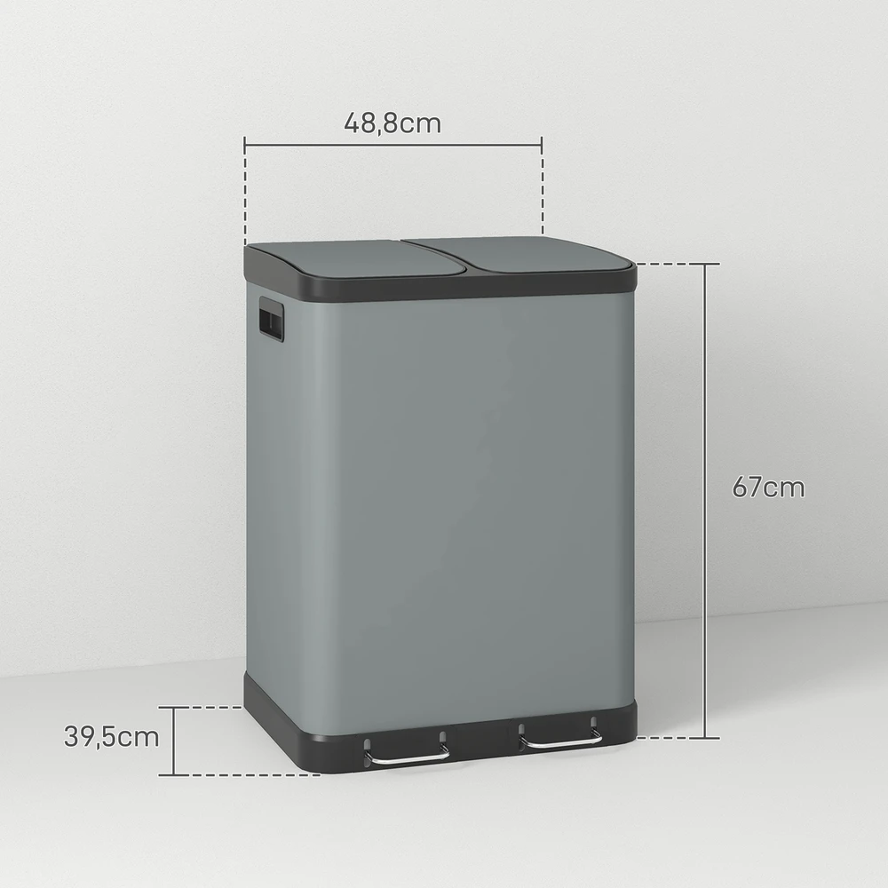 Aosom Dvigubas virtuvės šiukšliadėžė, 2 x 30 l, pilka