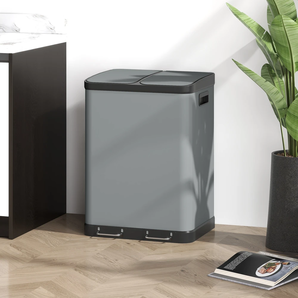 Aosom Dvigubas virtuvės šiukšliadėžė, 2 x 30 l, pilka